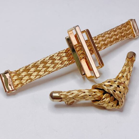 VTG Set of 2 Brooches 50s 60s Gold Tone Mesh Knot & Bar Mid Century Sculptural - Picture 2 of 12